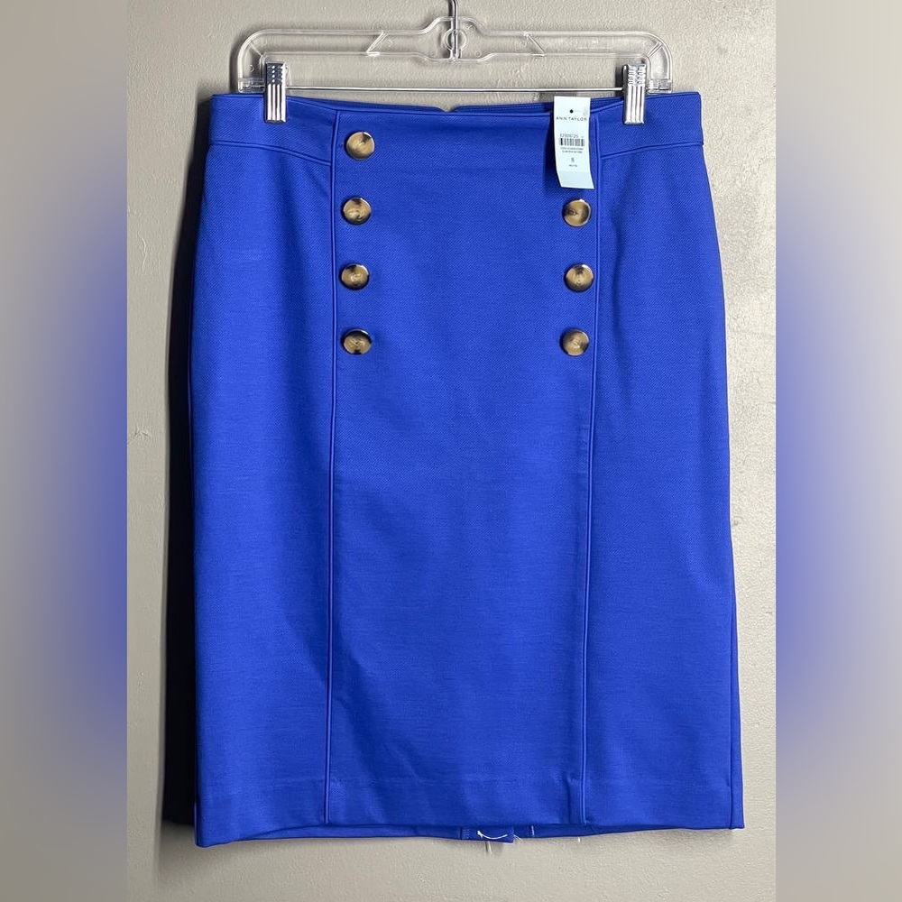 Ann Taylor Sailor Button Pencil Skirt Sz 8P Blue Office Siren Nautical Career